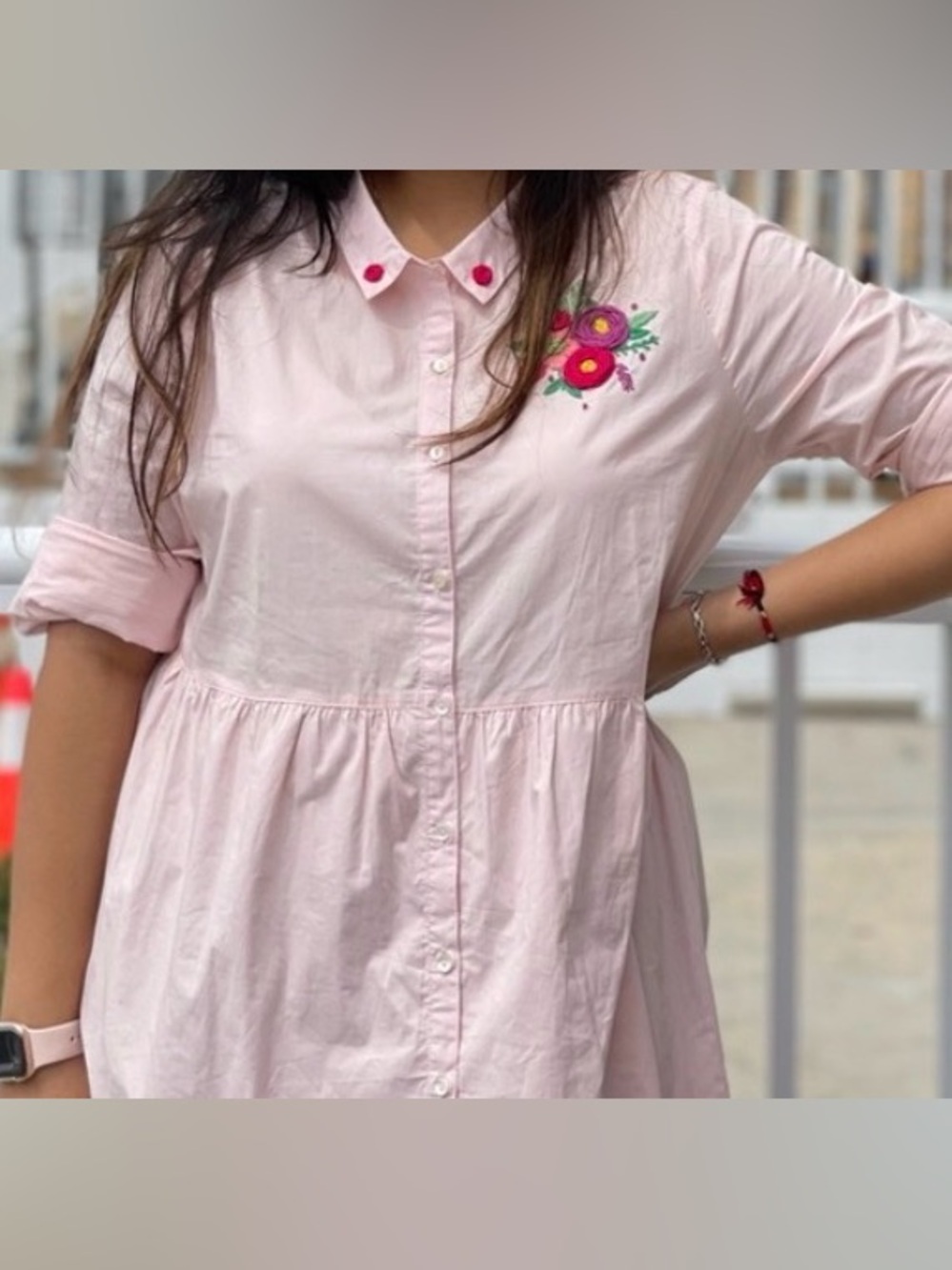 Pink Floral Embroidered Midi Dress